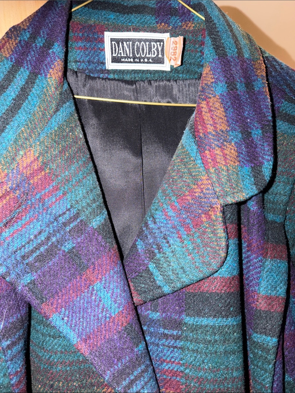 Vintage Dani Colby Teal/Plaid Wool Pea Coat- Stored.  Was dry cleaned years ago.